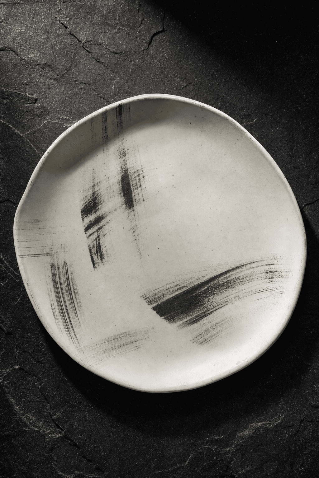 Assiette organique blanche, traces d'oxyde de fer