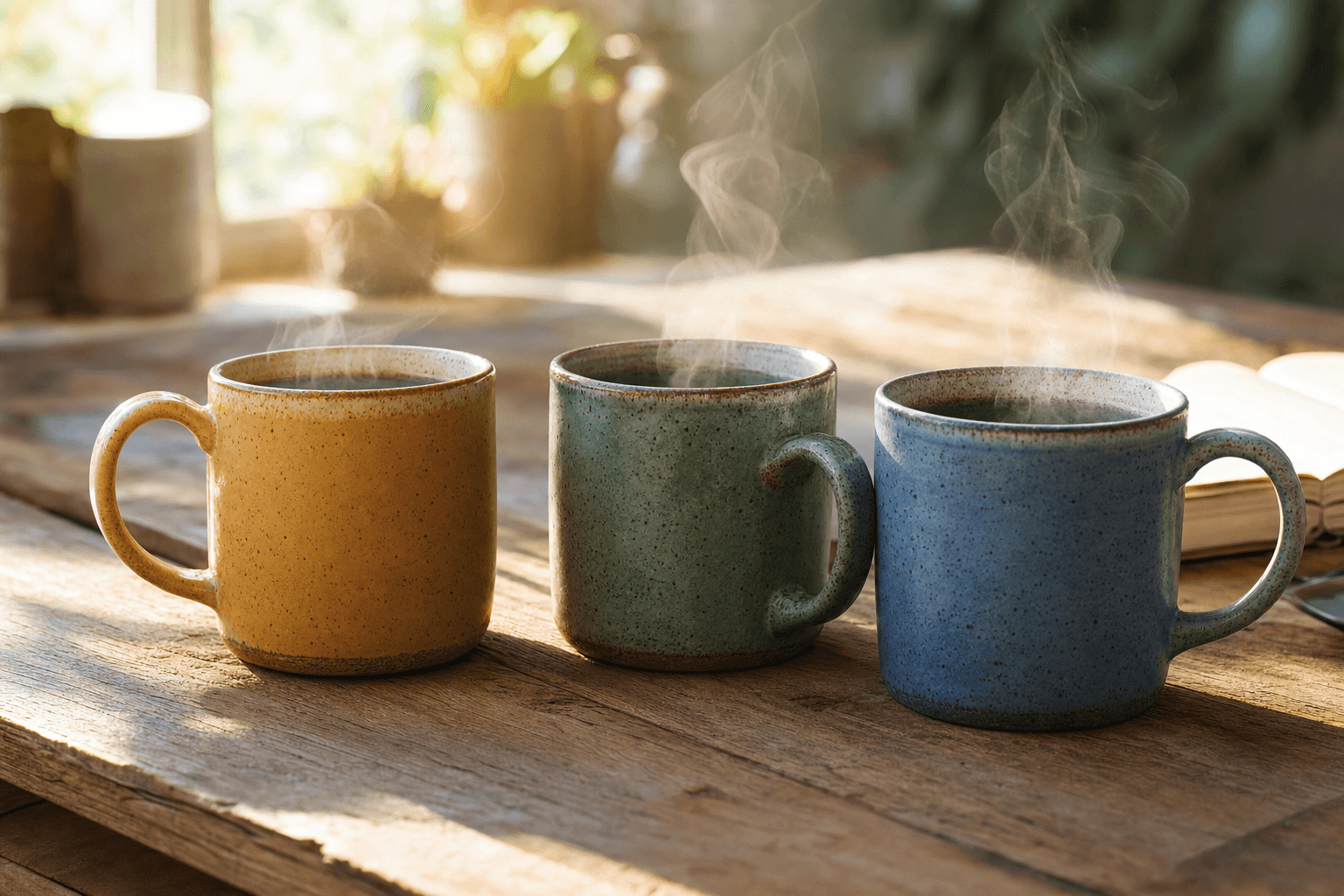 Trio de mugs en grès, émaux ocre, vert sauge et bleu