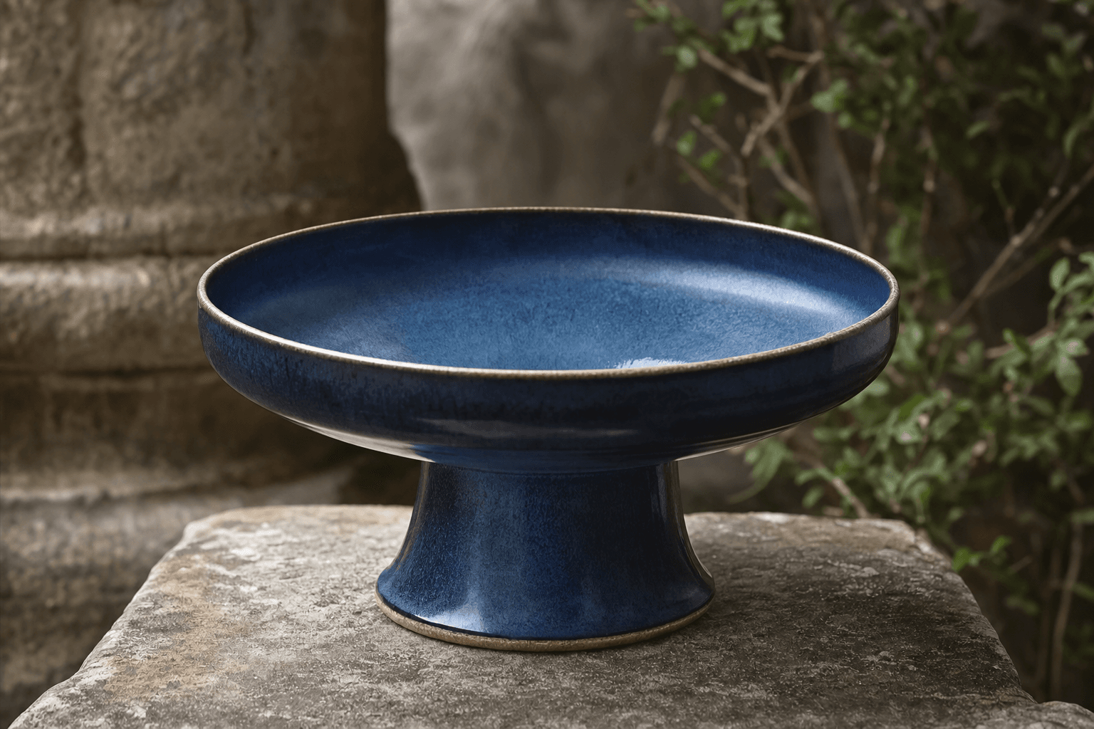 Coupe sur piédestal, émail bleu cobalt profond