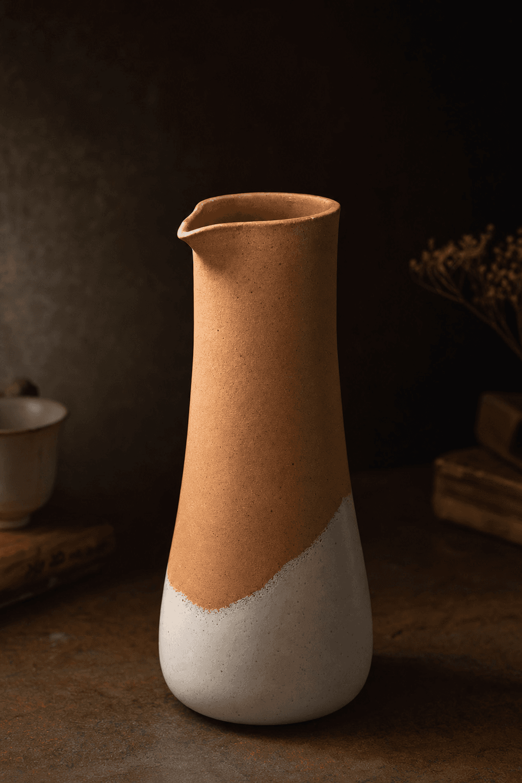 Carafe en grès demi-émaillé, terracotta et blanc